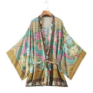 Short Bohemian Peacock Floral Kimono Robe